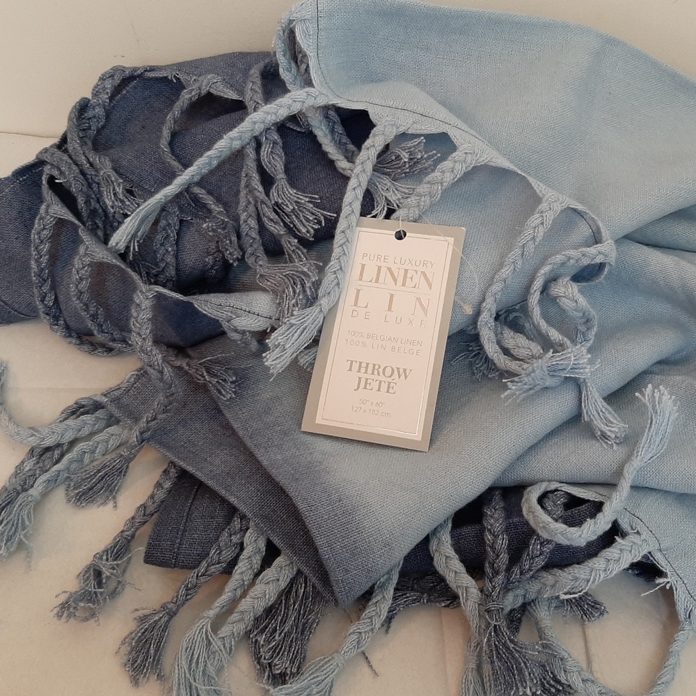 Pure Luxury Linen 100% Belgian Linen 50" x 60" Tassel Throw Blue Ombre